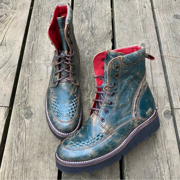 BED STU Boots ELISHA II Lace Up Combat Moto Dark Teal Lux Green Leather Size 8 - Picture 4 of 12